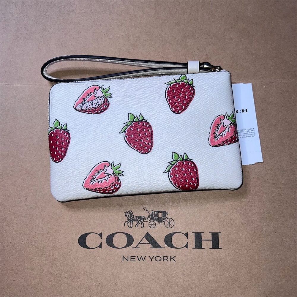 COACH Strawberry Print Wristlet Polished Pebble Leather CBB81 AUTHENTIC NWT - Picture 2 of 3